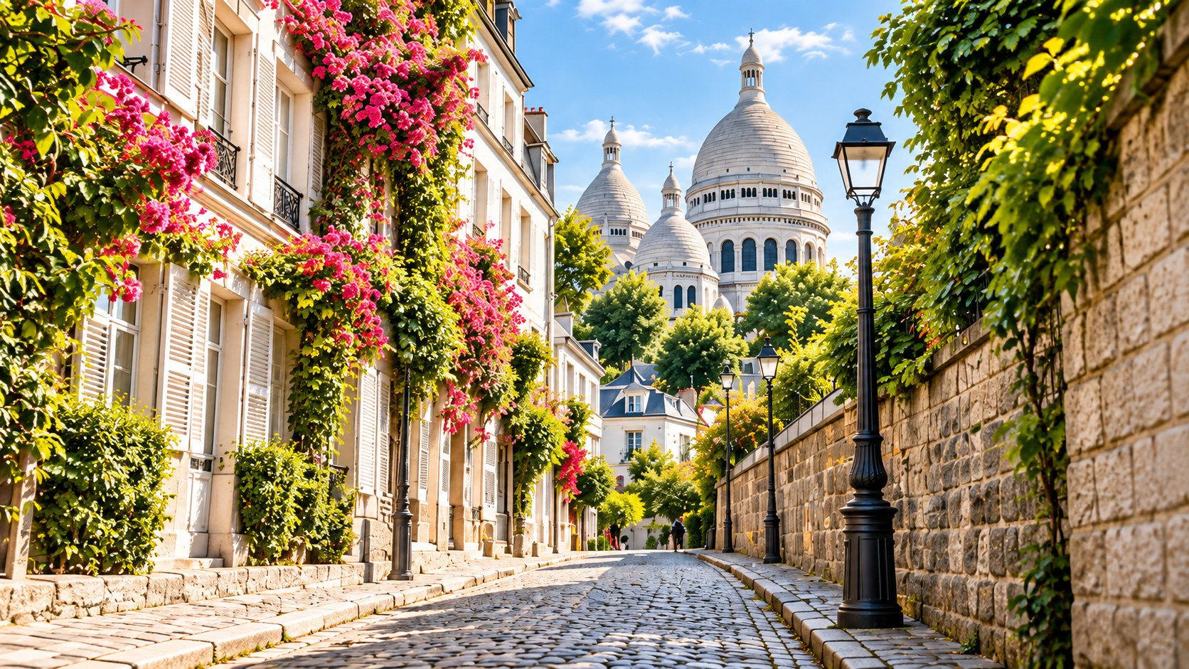 AI-generated image inspired by Montmartre: a flower-lined cobbled street with the Sacré-Cœur in the distance